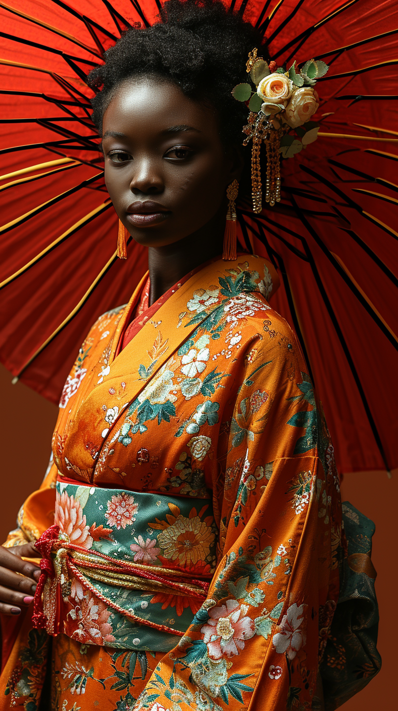 Young model with umbrella in front of red background