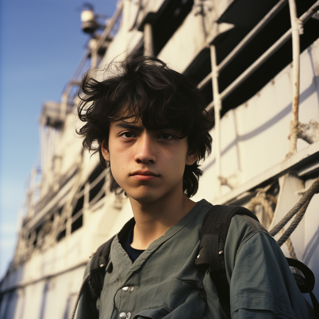 Japanese-American teen in military uniform on ship