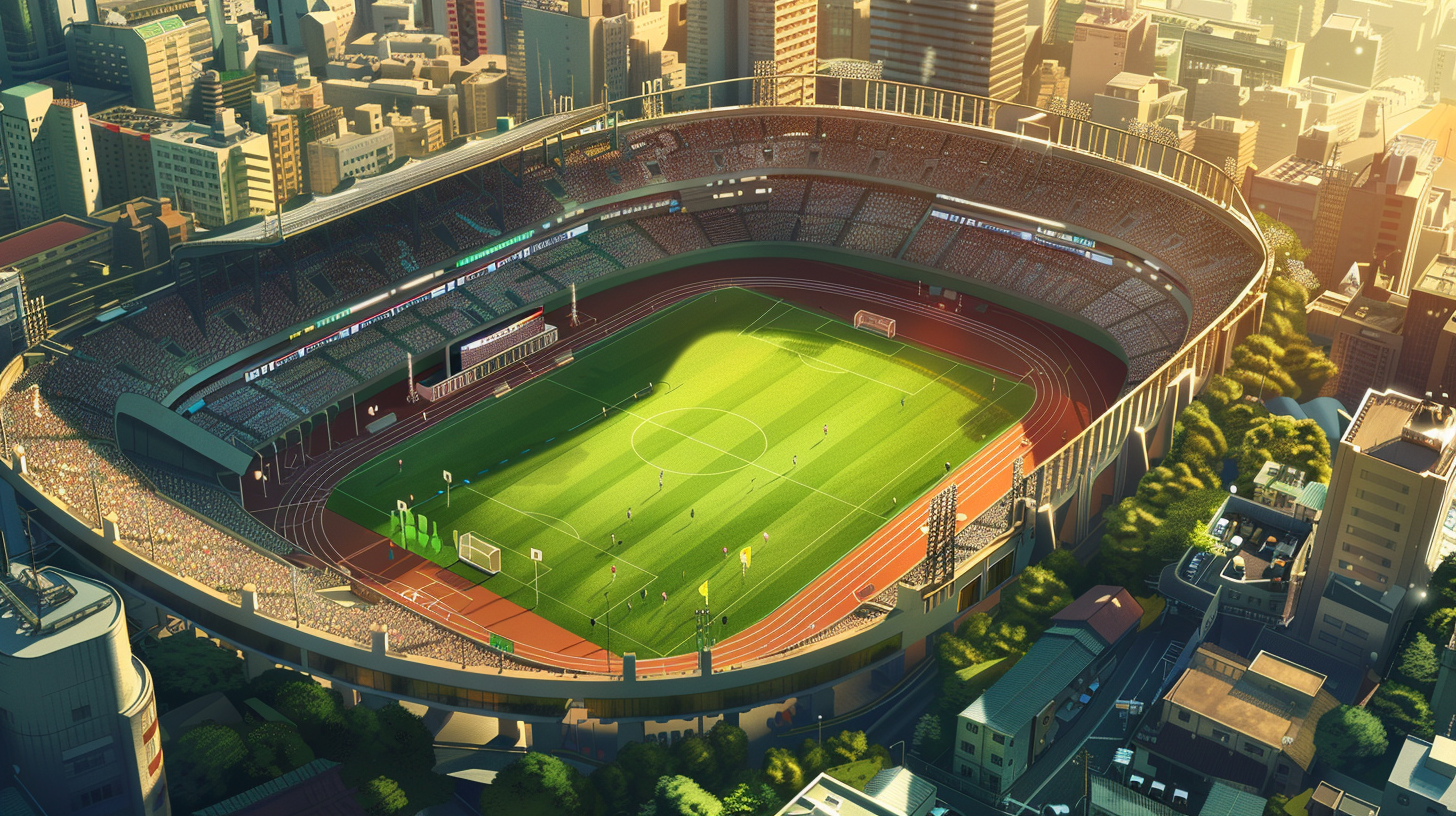 Japanese anime city stadium bird view