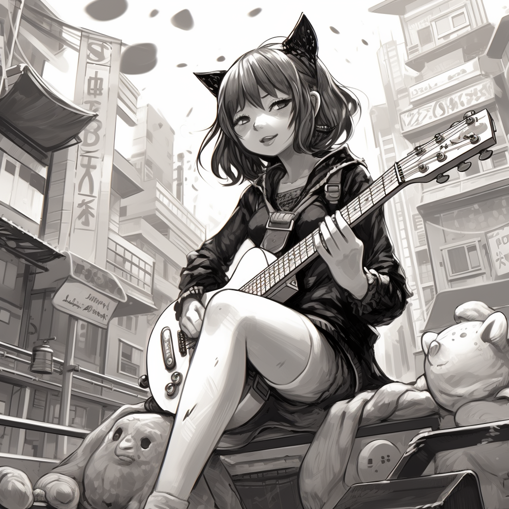 Anime girl playing guitar in Shibuya