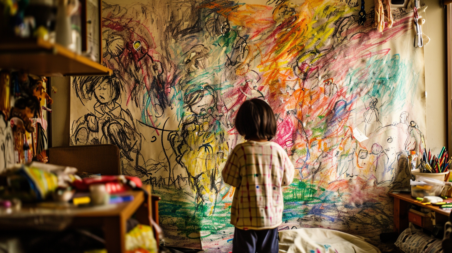 3-year-old child engrossed in drawing colorful salarymen