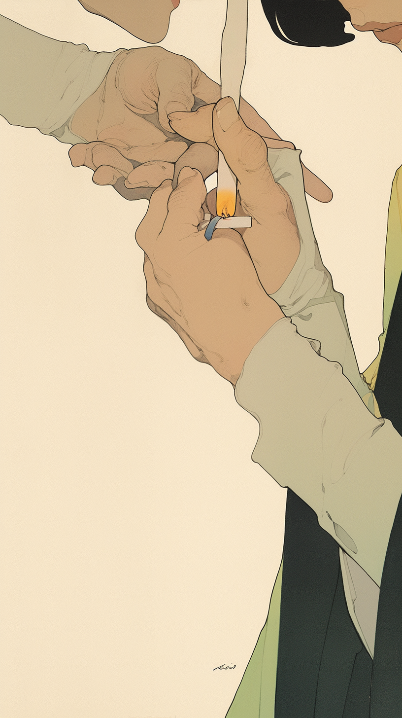 Artwork of two hands passing a smoking joint