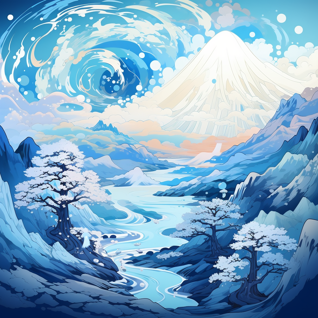 Japanese mountain landscape in blue and white