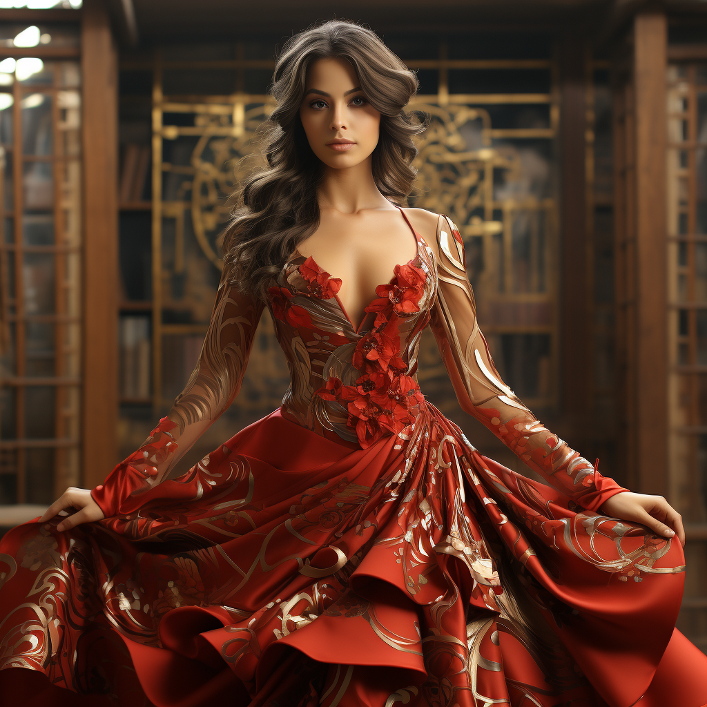 Japanese beauty in red dress with gold accents