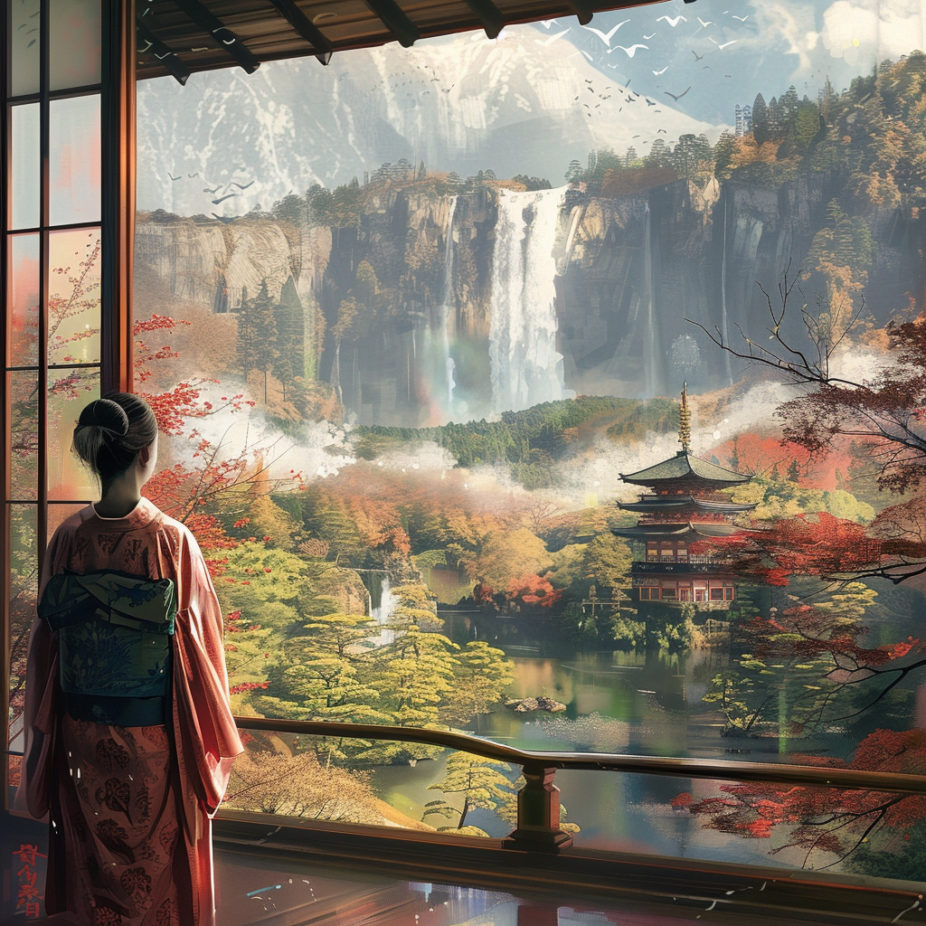 Japanese woman in serene landscape