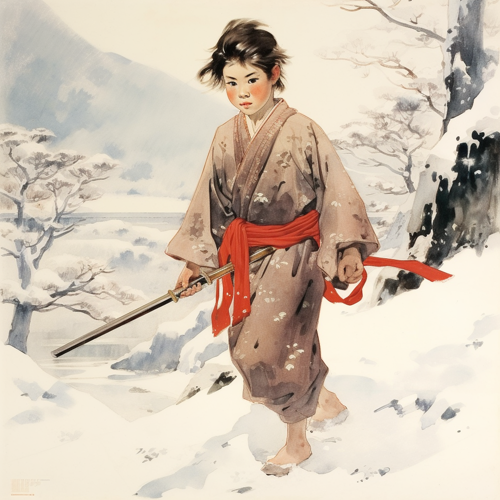 Japanese boy practicing martial arts in the snow