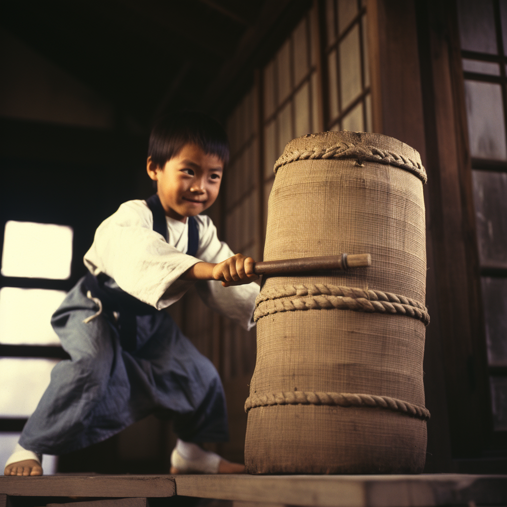 Japanese boy training with wooden sword in dojo