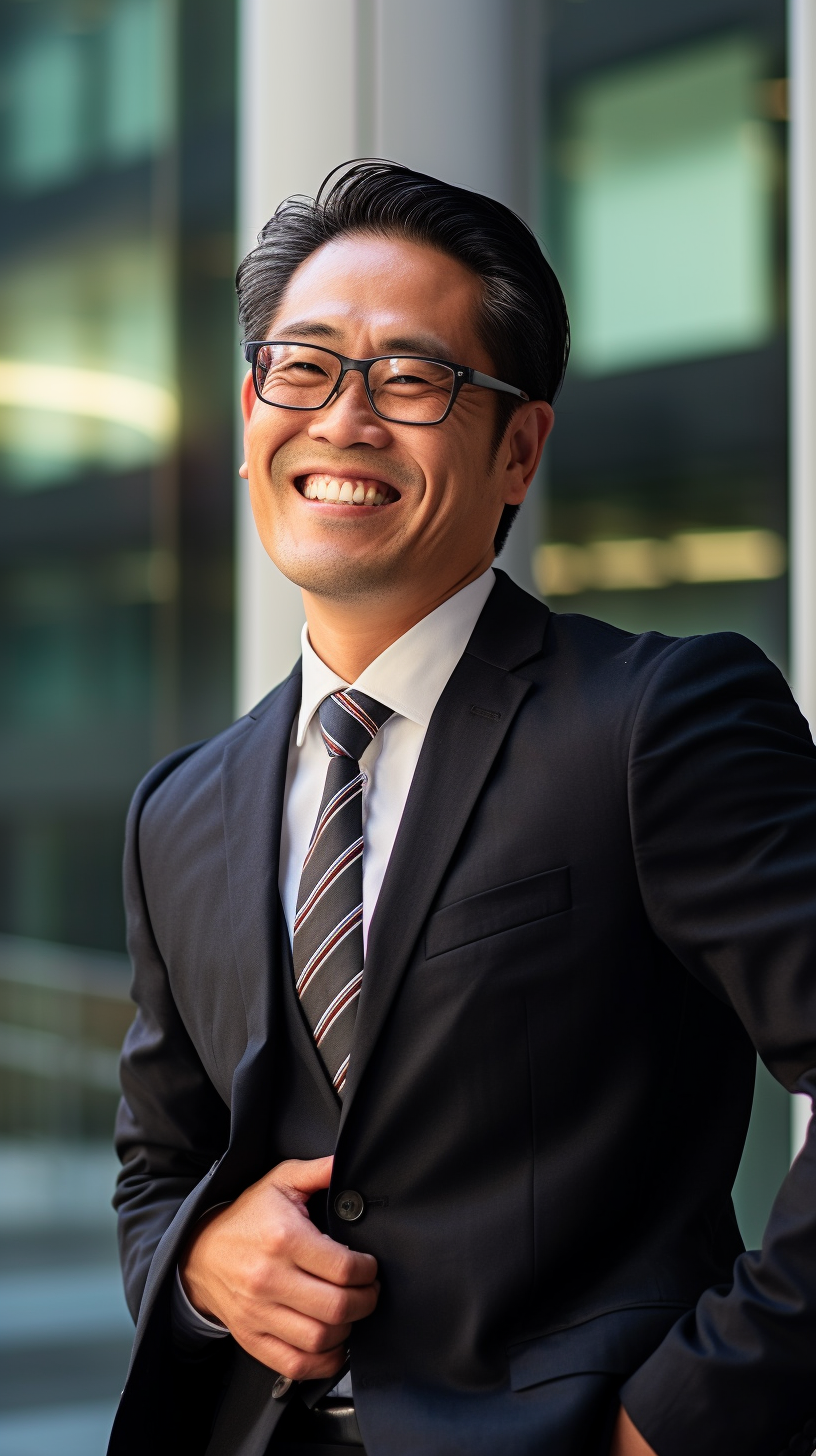 Smiling Japanese Businessman in Suit and Glasses