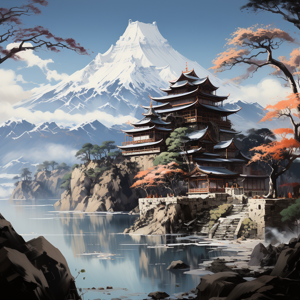 Scenic View of Japanese Castle and Snowy Mountains