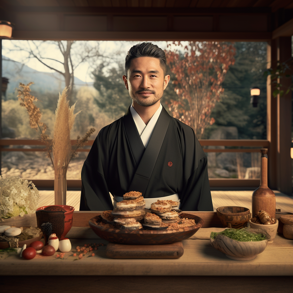 Japanese celebrant at Kuadore ceremony with traditional dishes