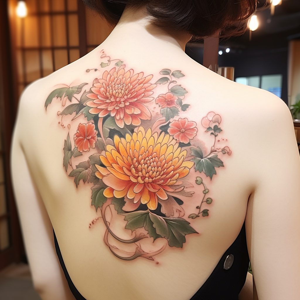 Friendly snakes in chrysanthemum tattoo