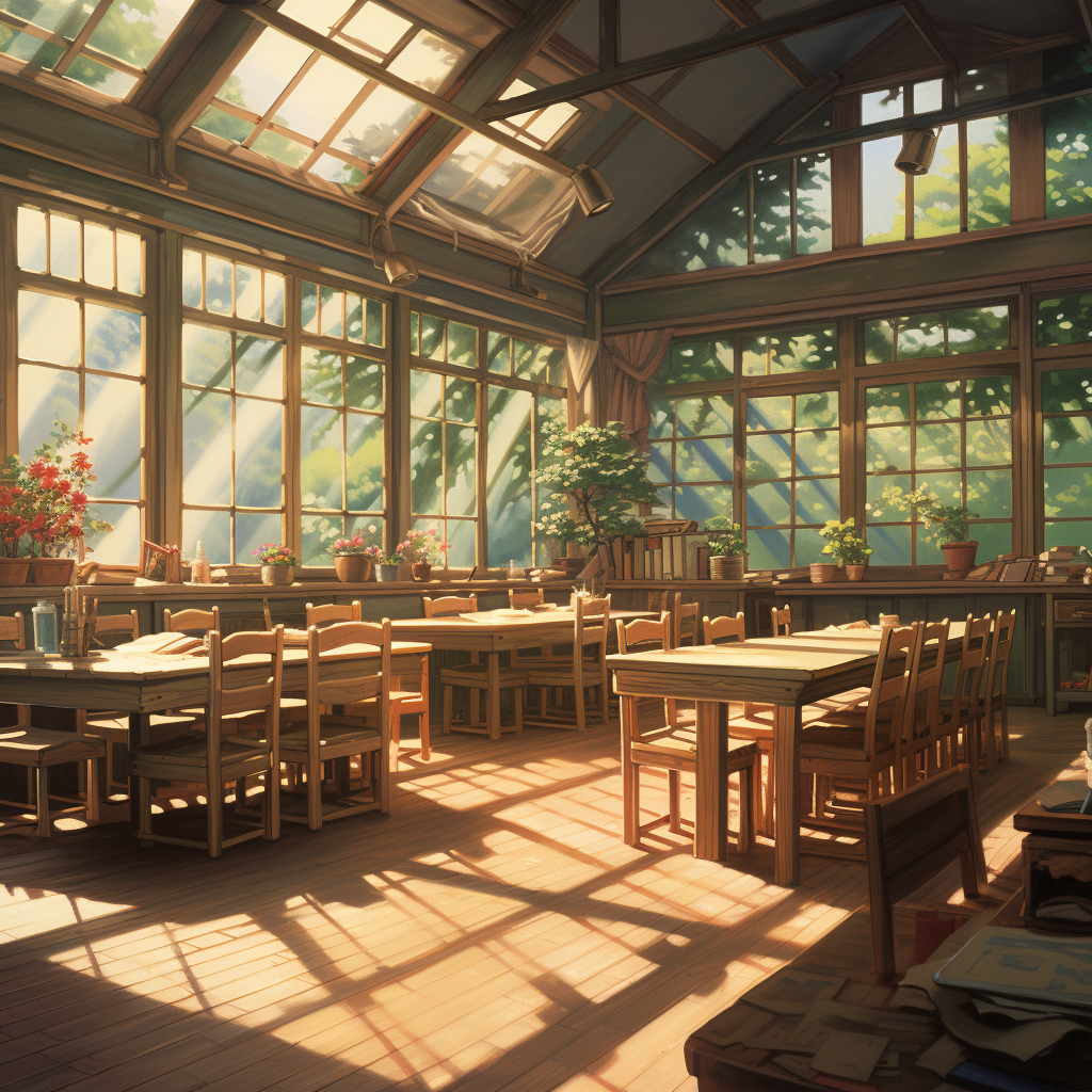 Japanese classroom with sun shining through big windows