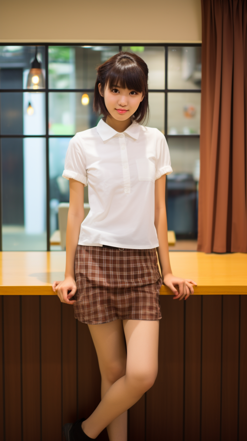 Smiling Japanese College Student Girl in Checker Patterned Shirt