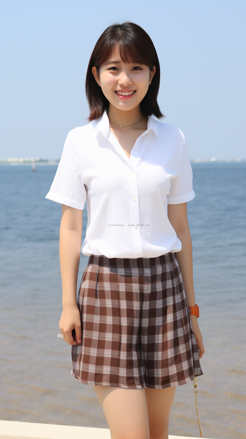 Smiling Japanese college student girl eating ice cream