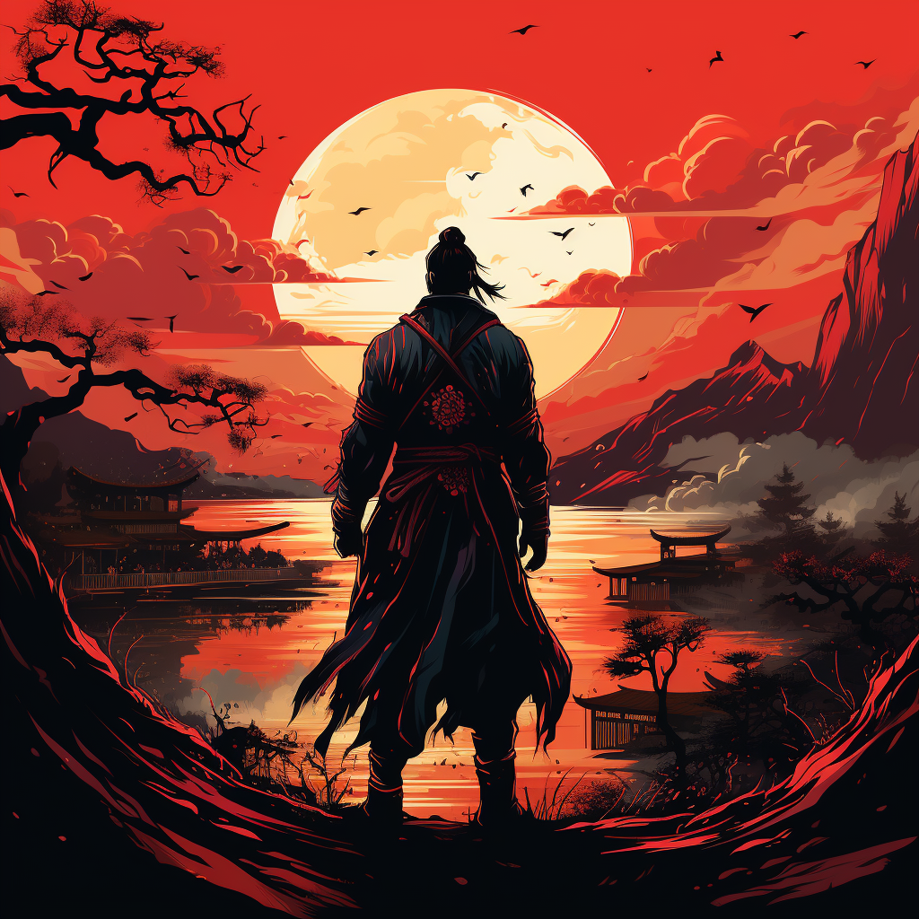 Samurai character with sunrise background