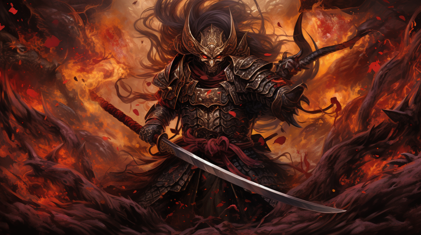 Samurai warrior with demon armor in Japanese death metal art