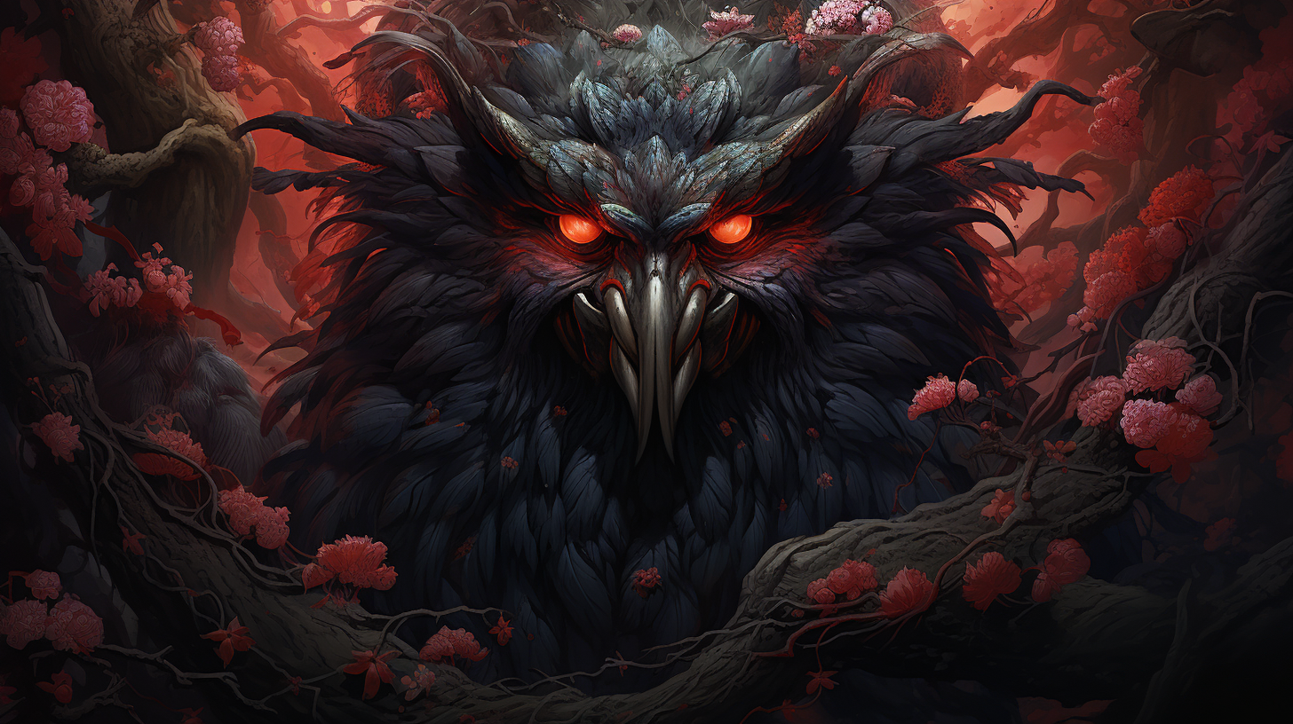 Dark and intense Tengu spirits in a forest