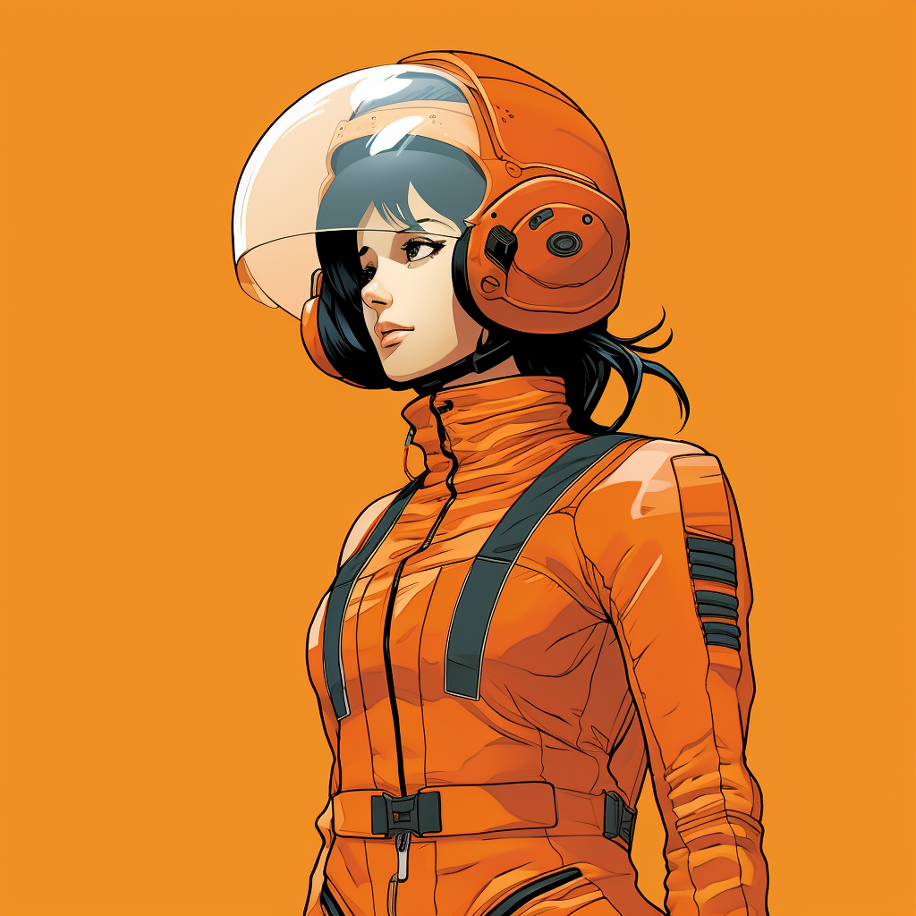 Young female Japanese engineer in orange spacesuit