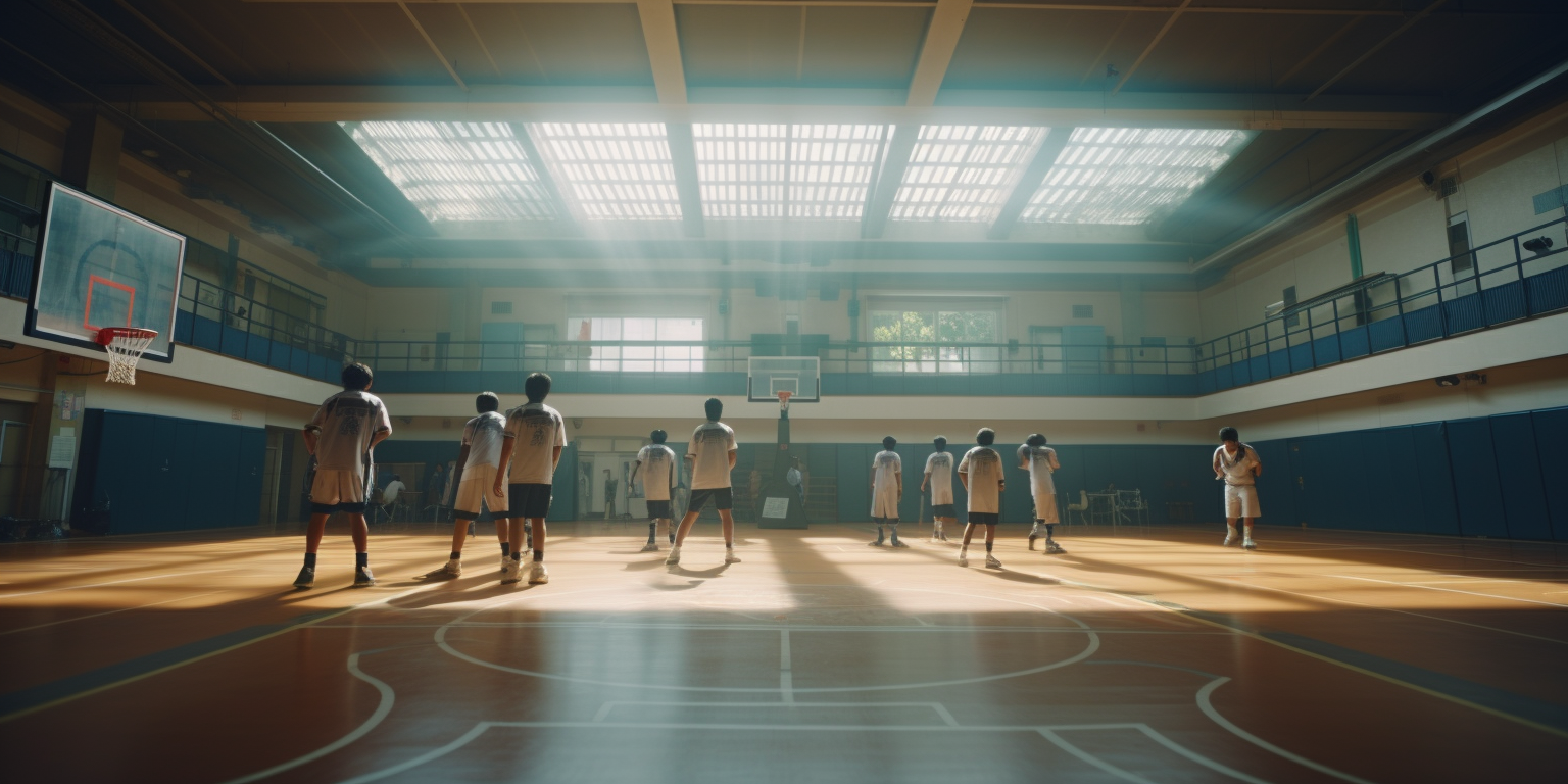 Elementary students playing basketball in a gym