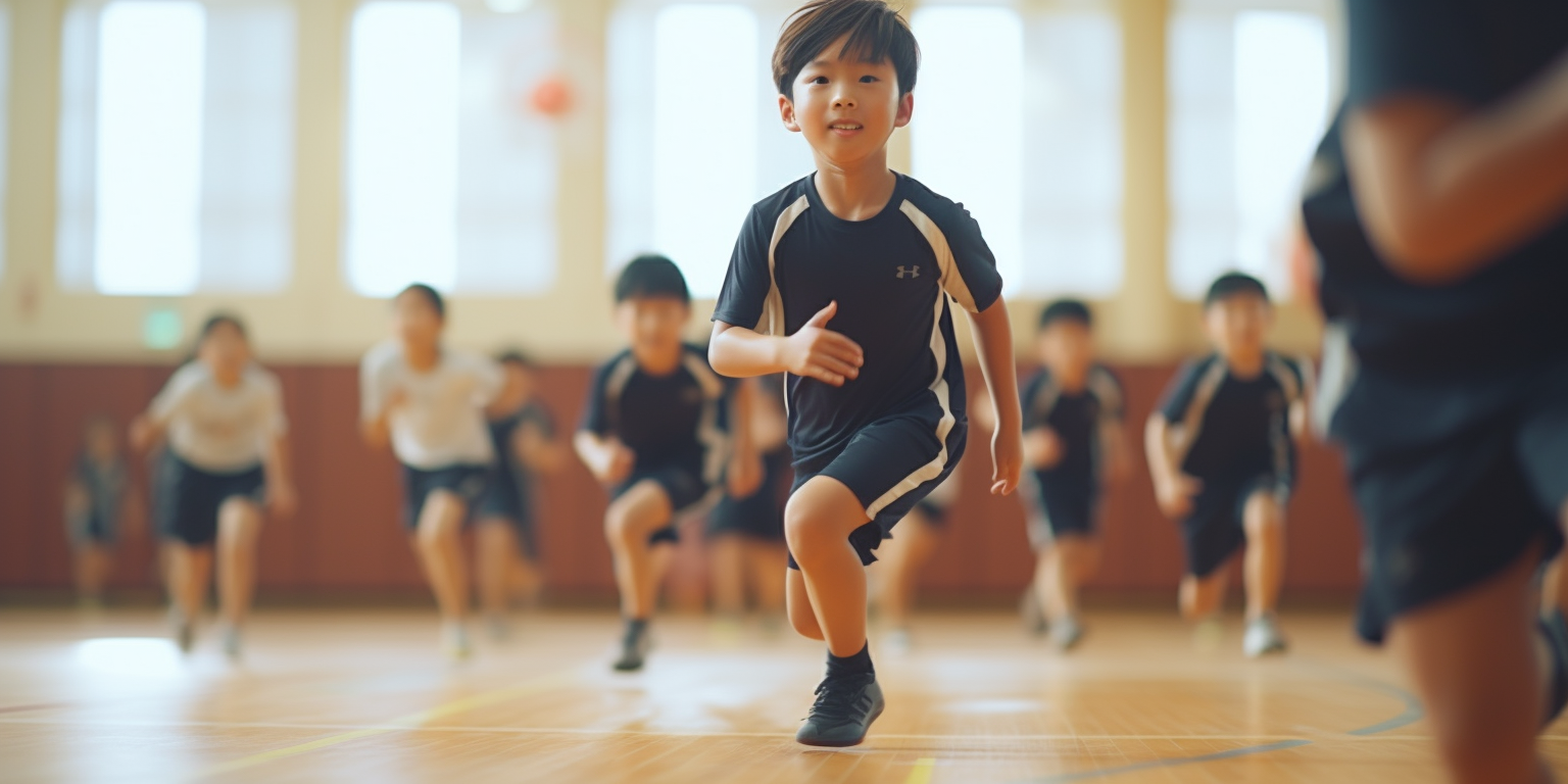 Japanese students playing dodgeball in a gym