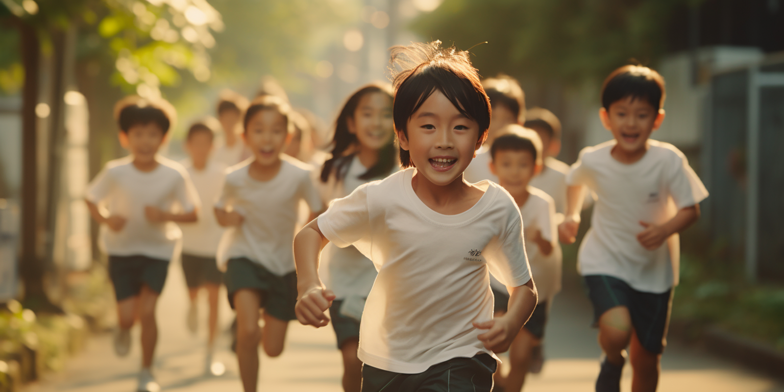 Japanese elementary students running with determination