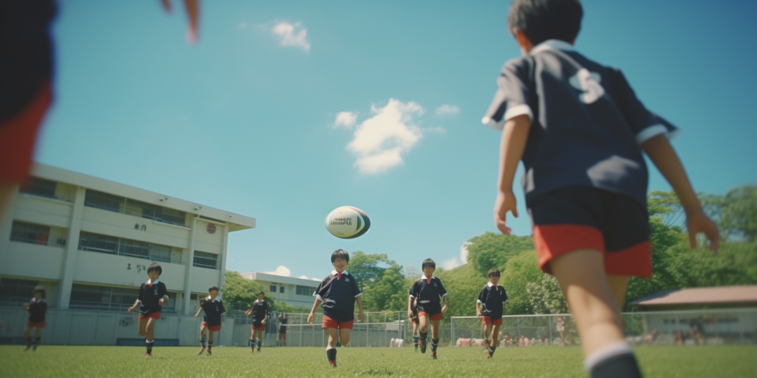 Japanese elementary students playing rugby