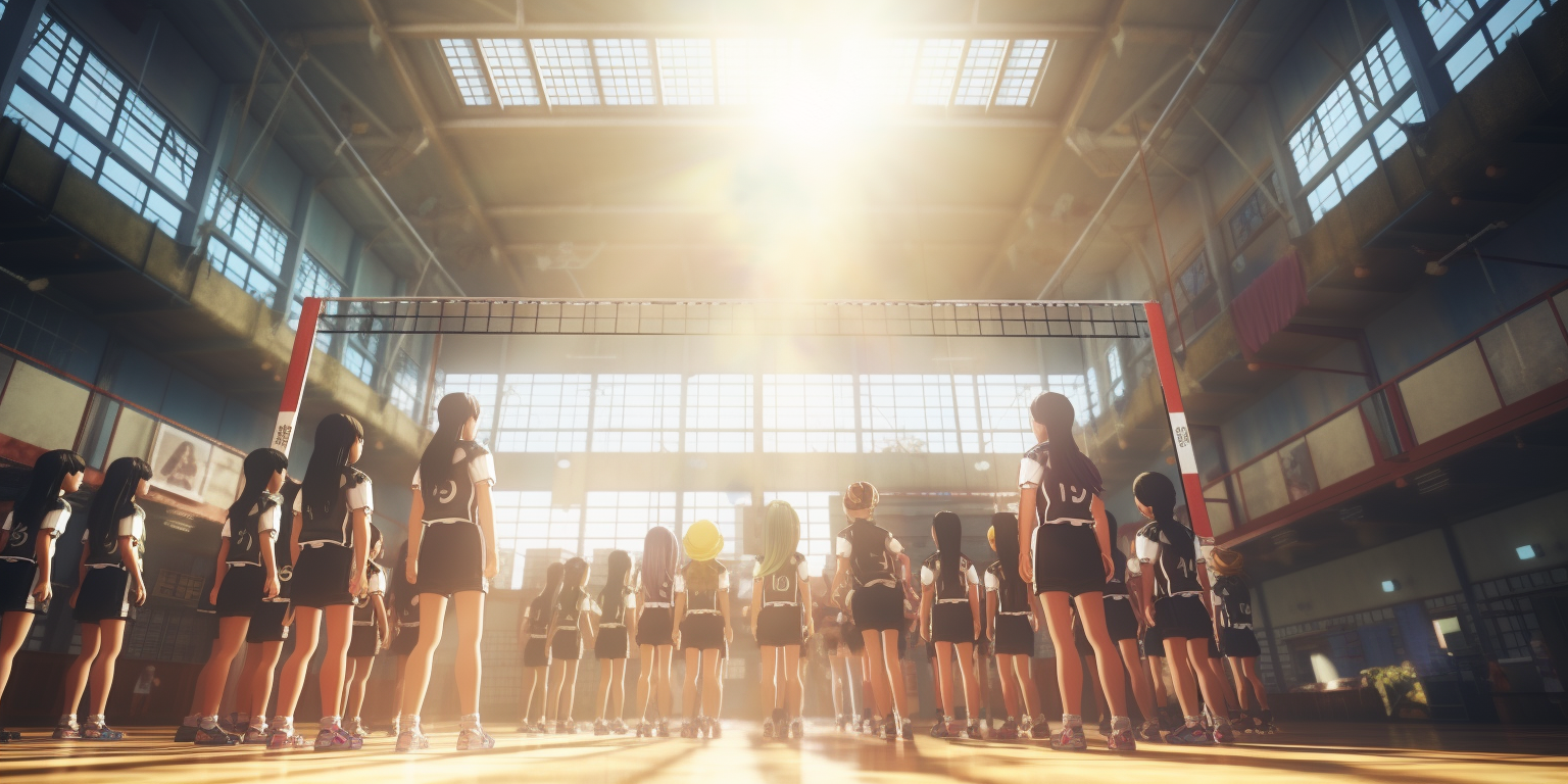 Japanese elementary students playing volleyball with teamwork