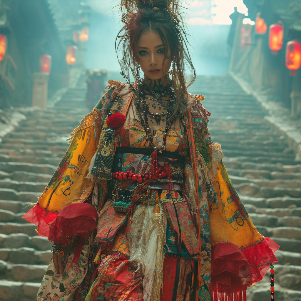 Japanese female glamorous supermodel in cyberpunk geisha style