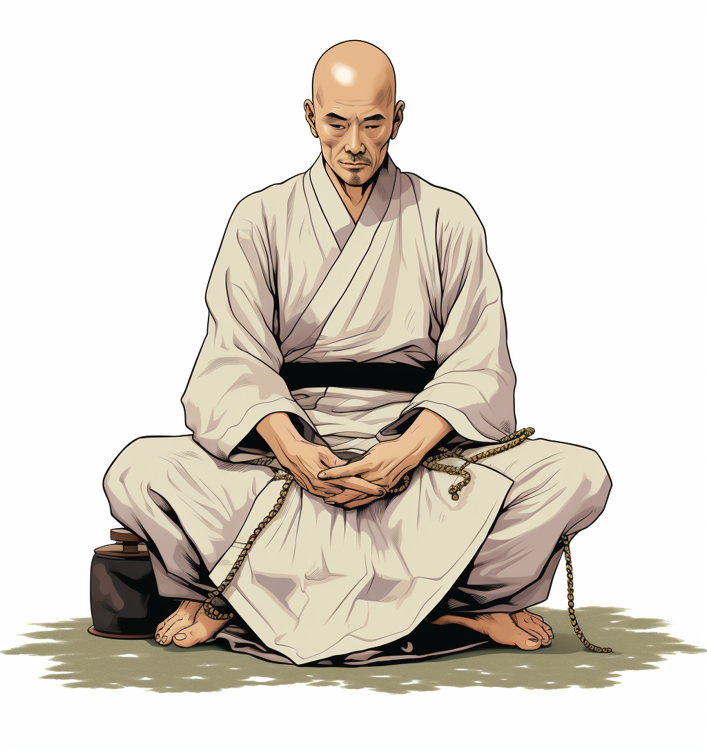 Japanese Feudal Lord with Bald Head Sitting on Floor