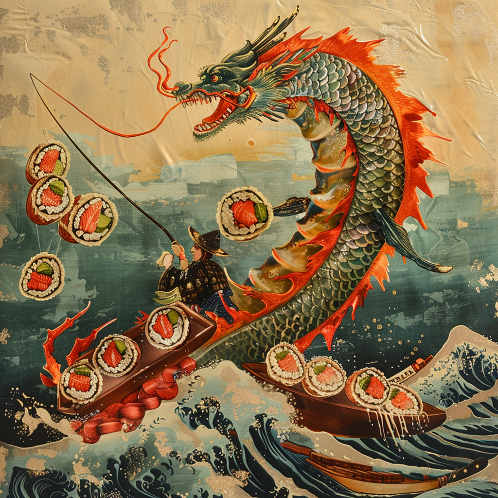 Japanese fisherman catching sea dragon sushi