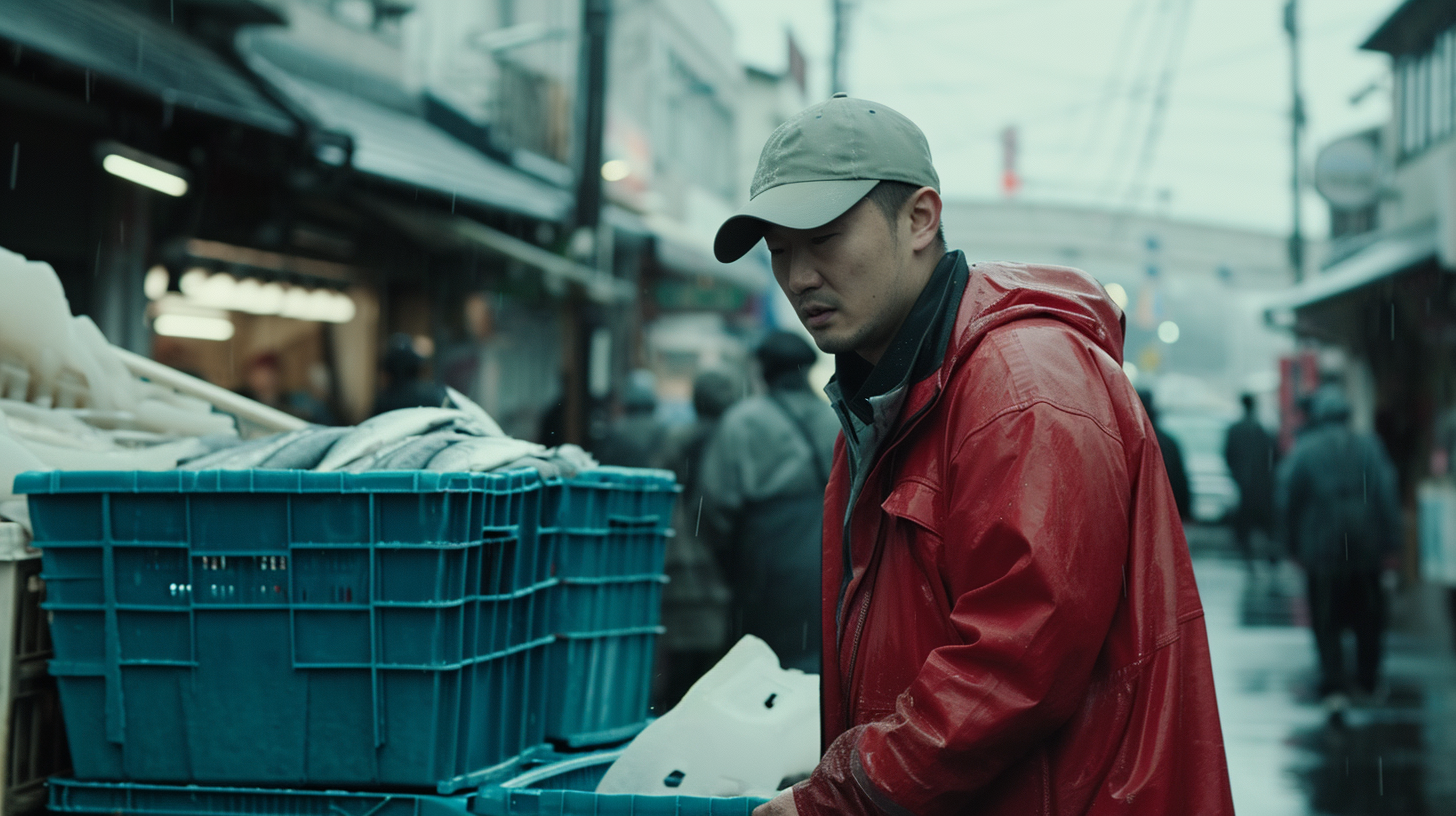 Japanese fisherman unloading catch at market