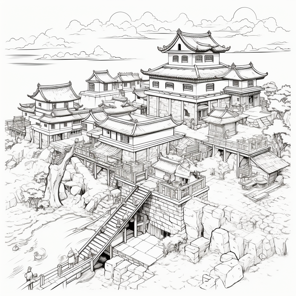 Japanese fort colouring page outline