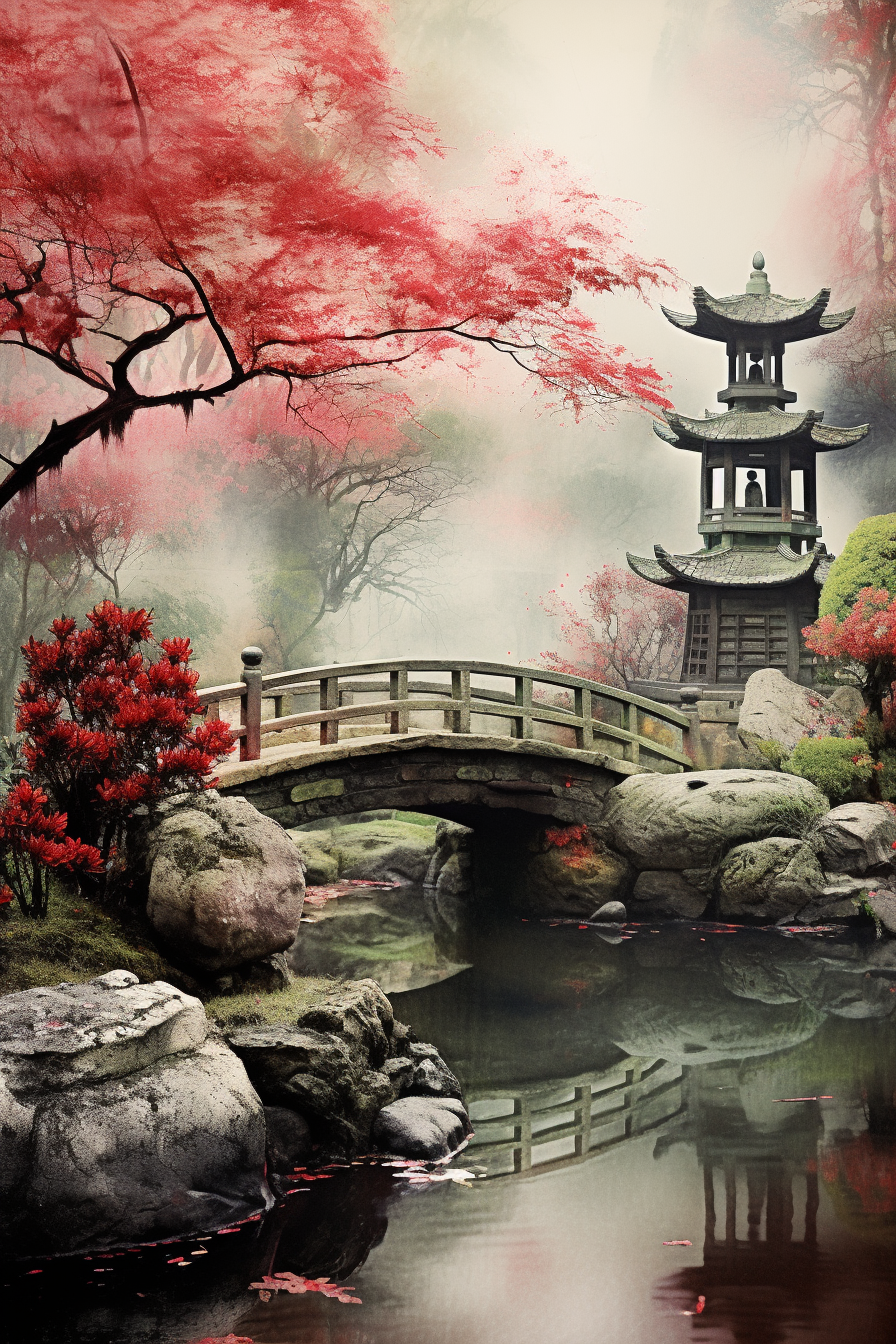 Tranquil Japanese garden scene with blooming cherry blossoms