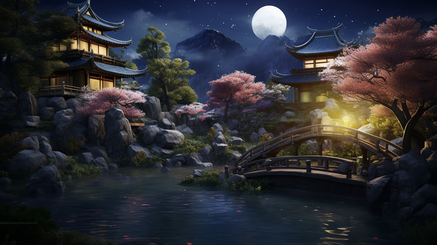 Japanese garden moon night rendering