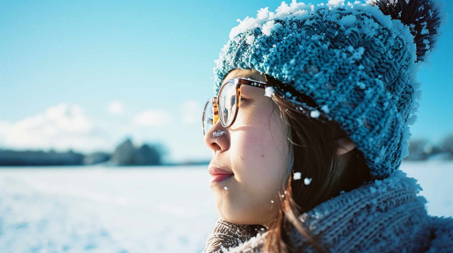 Japanese girl in blue knit hat and glasses in snow