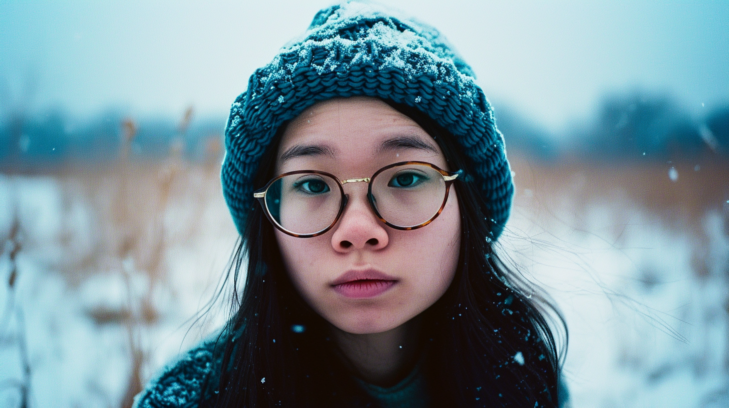 Japanese girl in snow field wearing blue knit hat and glasses