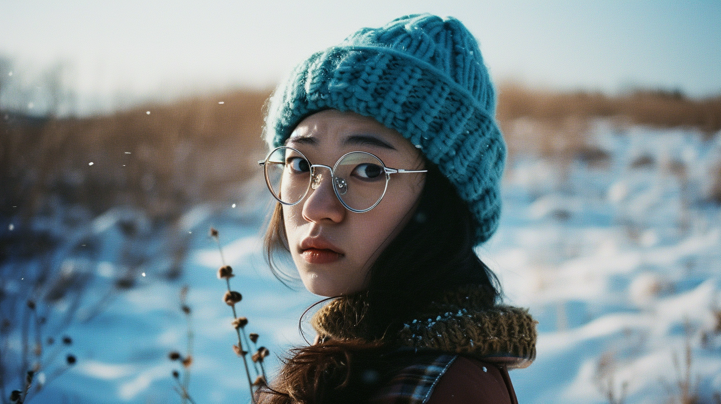 Japanese girl with blue knit hat and glasses in snow