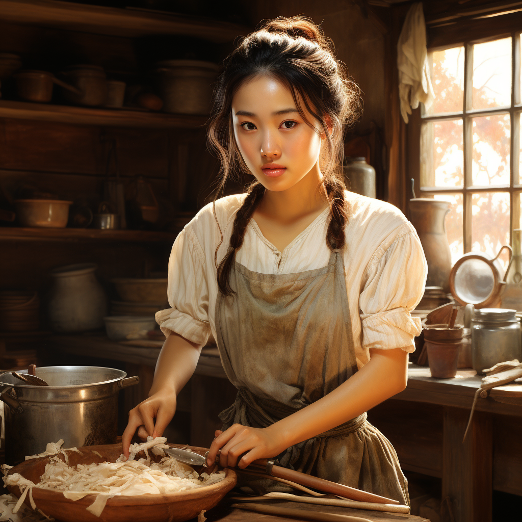 Japanese girl buttering bread in kitchen