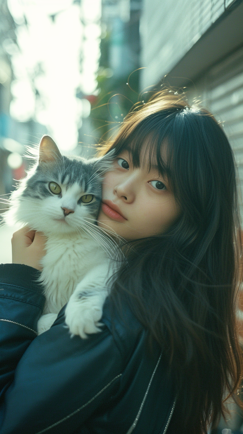 Japanese girl playing with cute cat