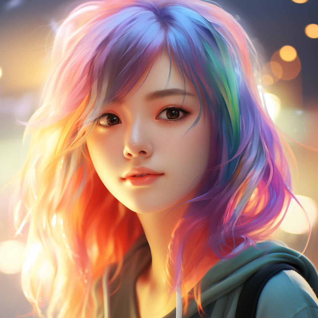 Peaceful portrait of Japanese girl with rainbow hair