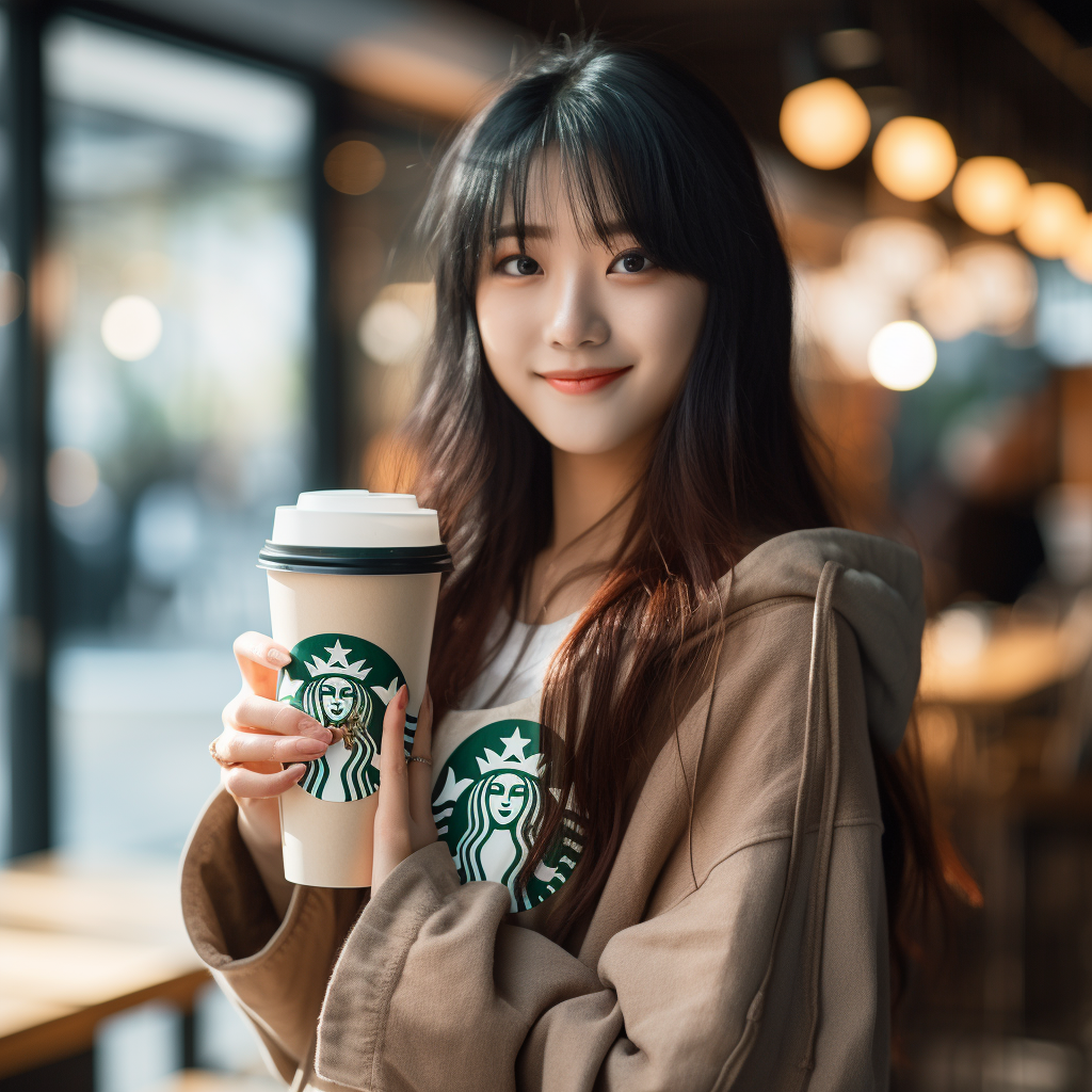 Japanese girl enjoying Starbucks coffee