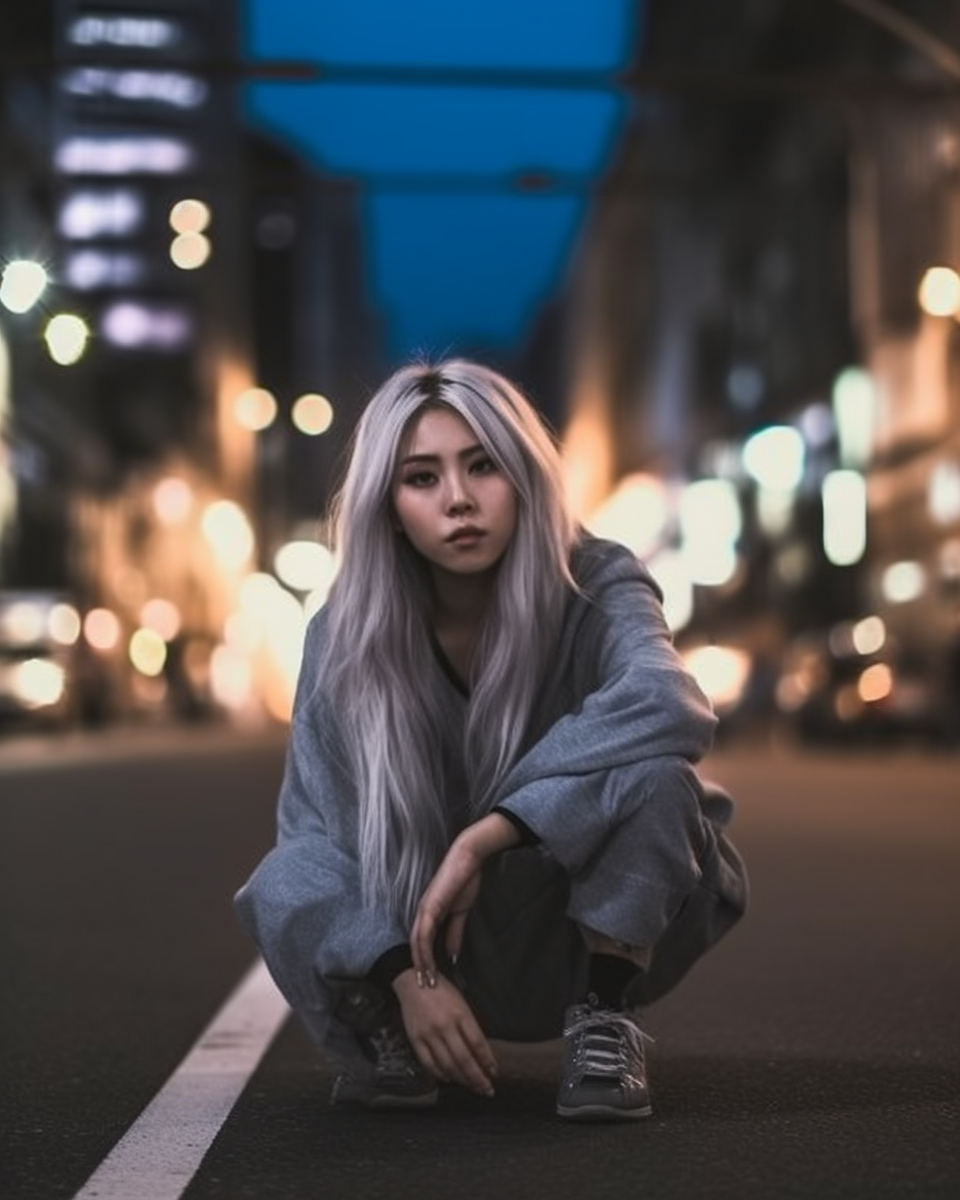 Stunning Japanese girl squatting on cross road