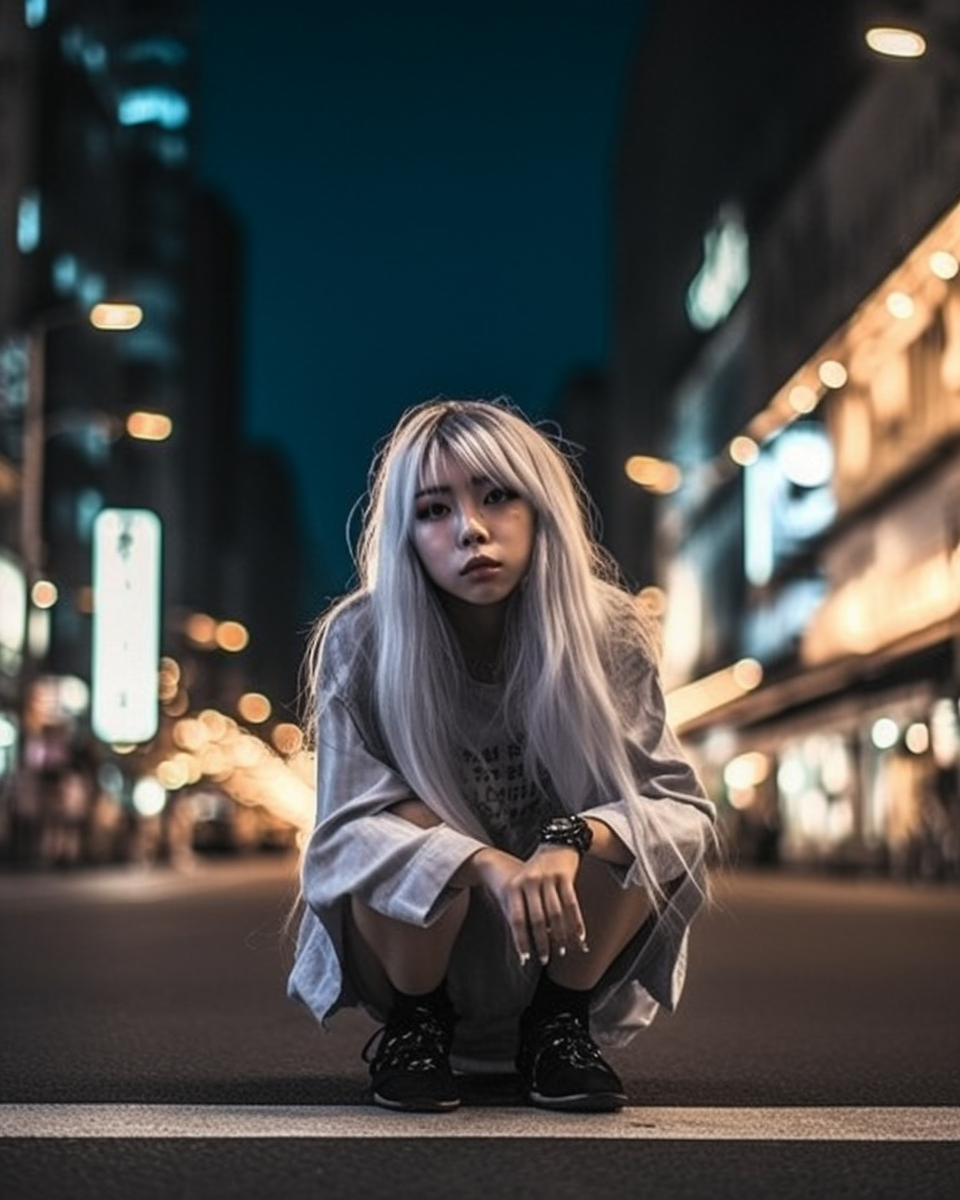 Beautiful Japanese girl squatting on crossroad