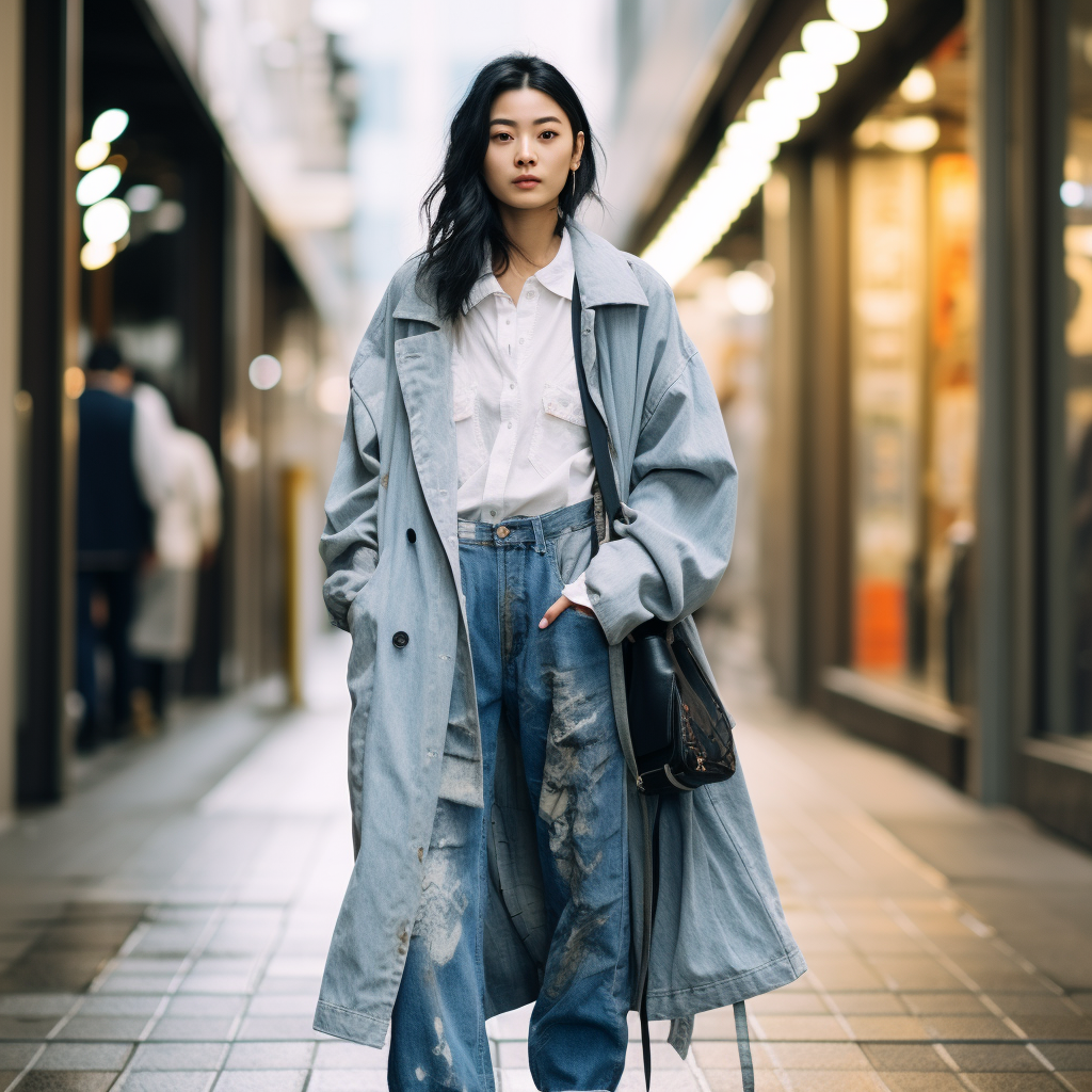 Japanese girl in stylish tapered denim jeans