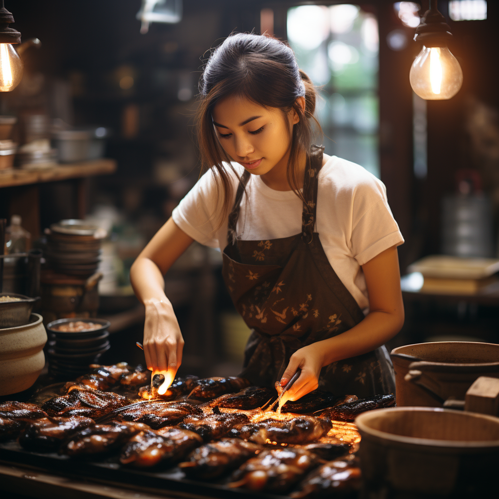 Japanese girl grilling eels in restaurant