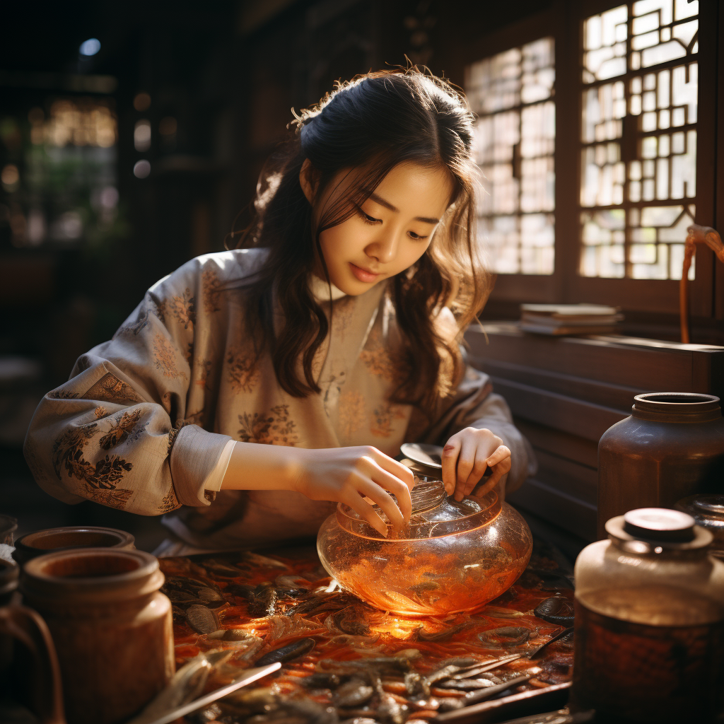 Young Japanese girl making eel rice