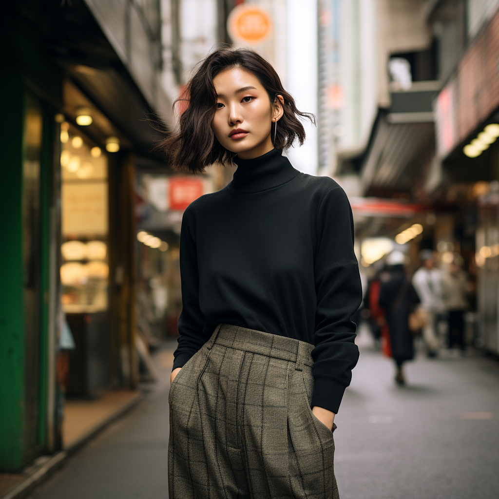 Japanese girl wearing turtleneck and trousers