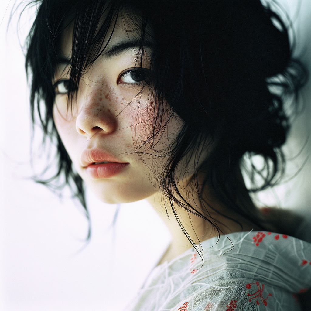 Stunning Japanese girl on white background (6 words).