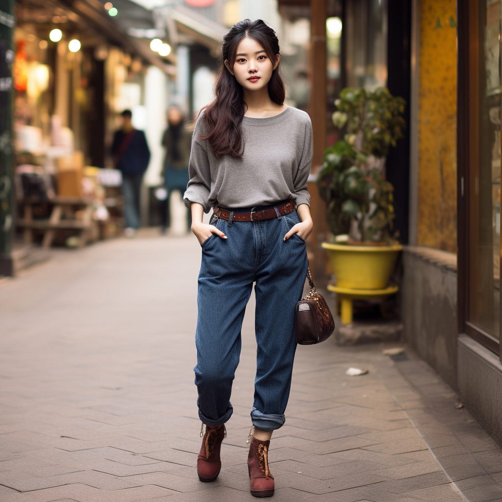 Stylish Japanese girl in tapered denim jeans