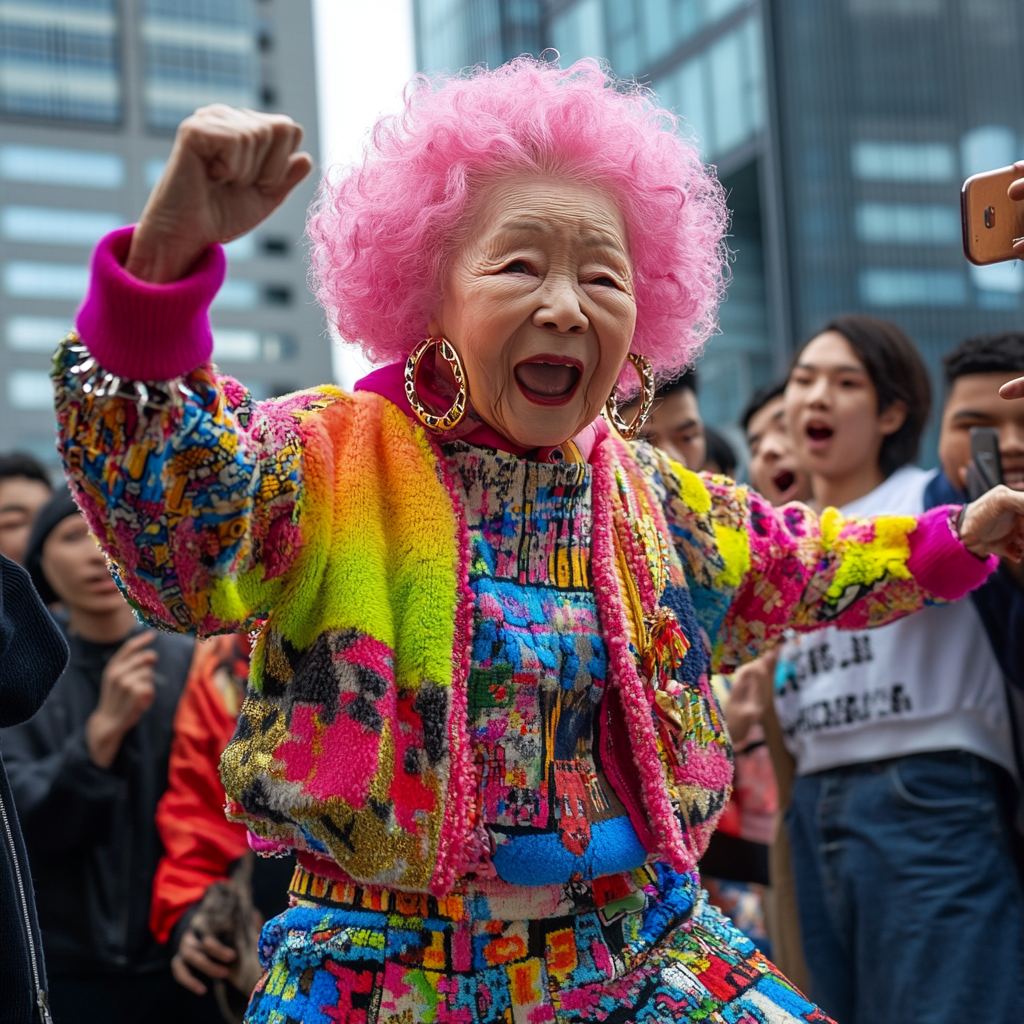 Elderly Japanese grandmother breakdancing with young people